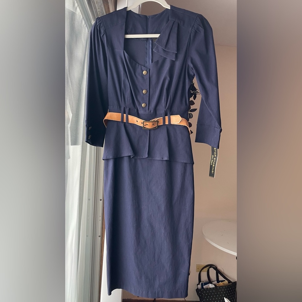 Navy Dress with Tan Belt